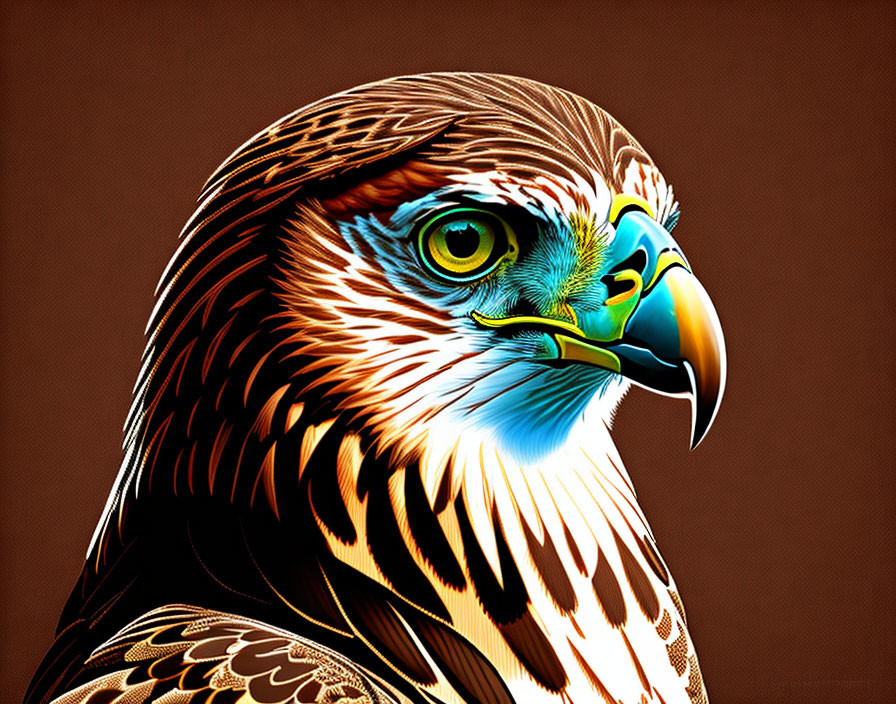 Detailed digital illustration of an eagle with vibrant feathers and intense green eyes on brown background