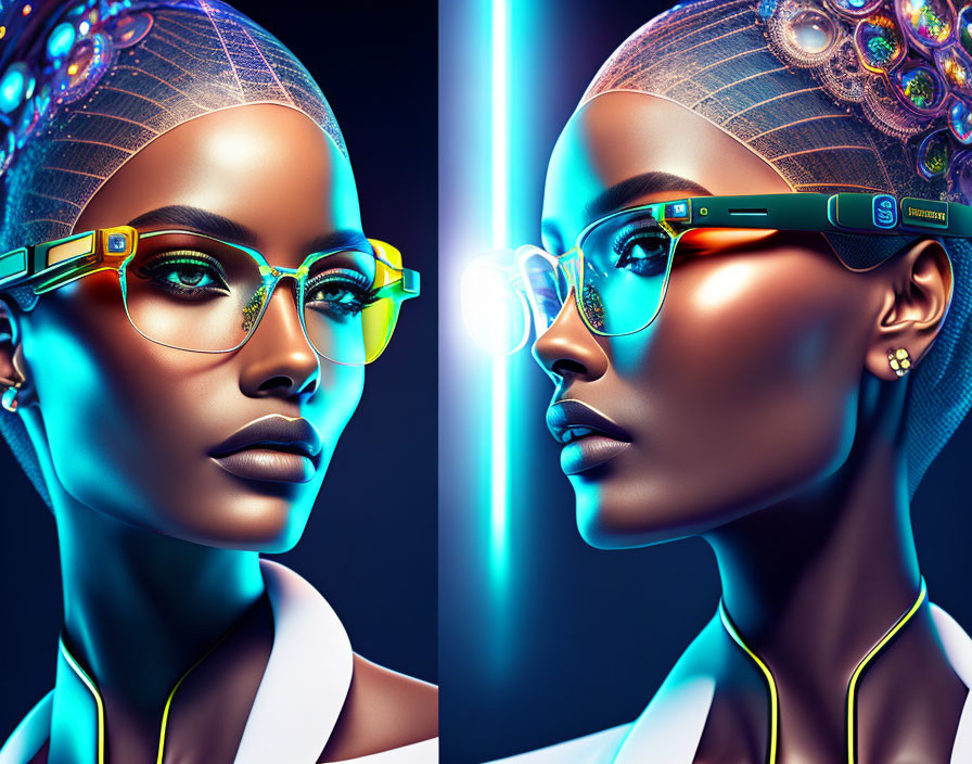 Futuristic digital artwork: stylish women in eyewear and headpieces