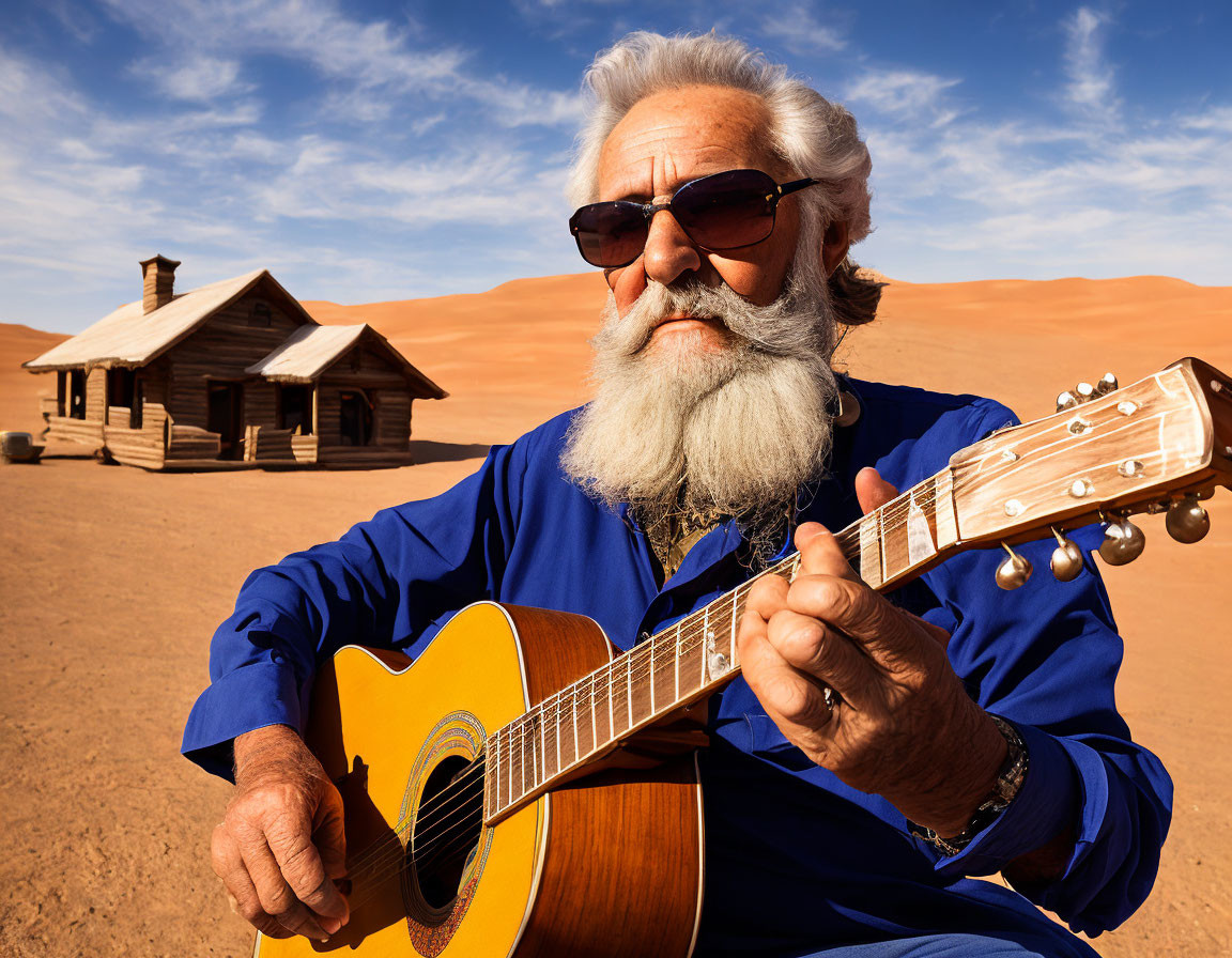 Elderly man with white beard playing guitar in desert setting