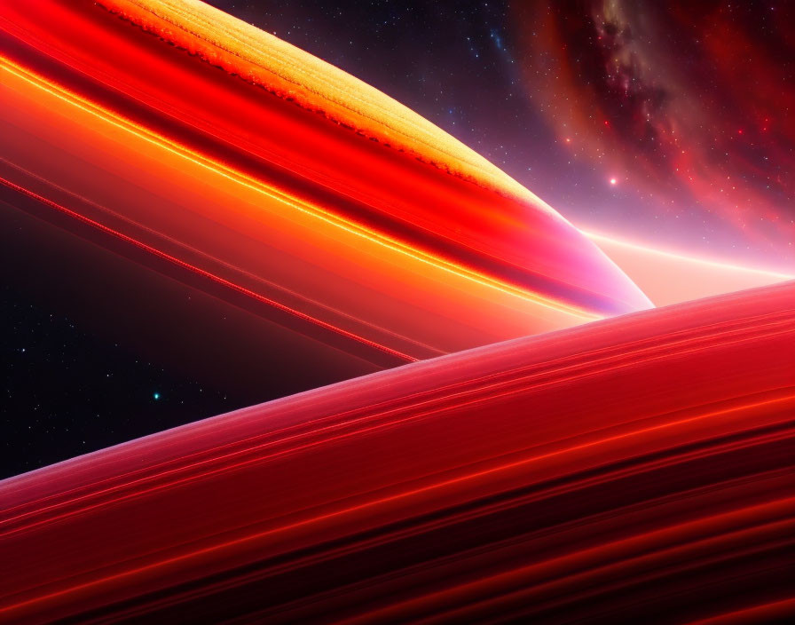 Celestial scene with fiery orange and red rings around a planet