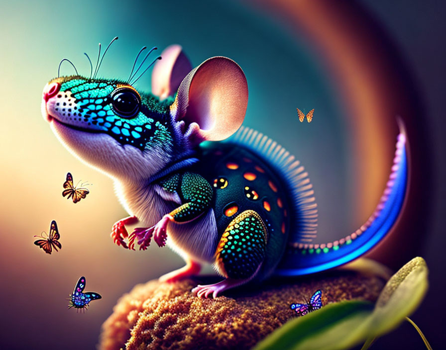 Colorful Fantastical Mouse with Large Ears and Dreamy Rainbow Background