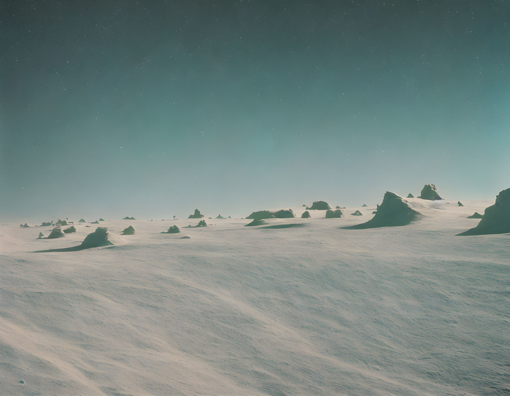 Snowy Landscape with Rock Formations under Starry Sky: Peaceful and Cold Natural Scene