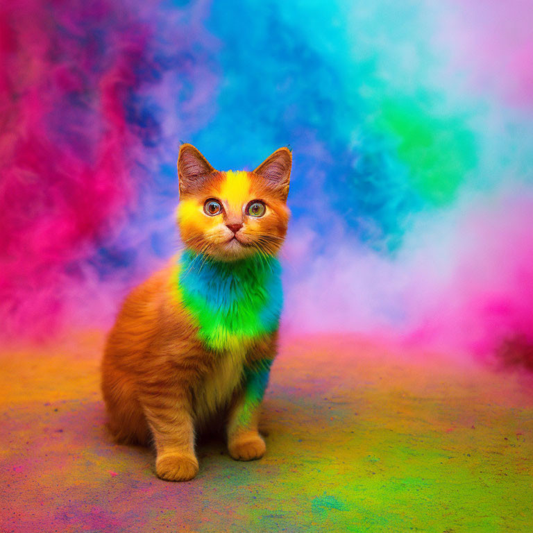 Orange Kitten Surrounded by Vibrant Blue, Pink, and Green Smoke