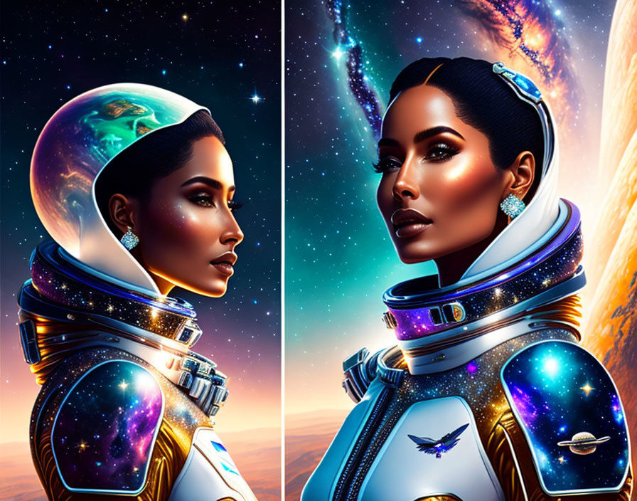 Futuristic digital artwork of woman in astronaut suit with Earth reflection against starry space backdrop