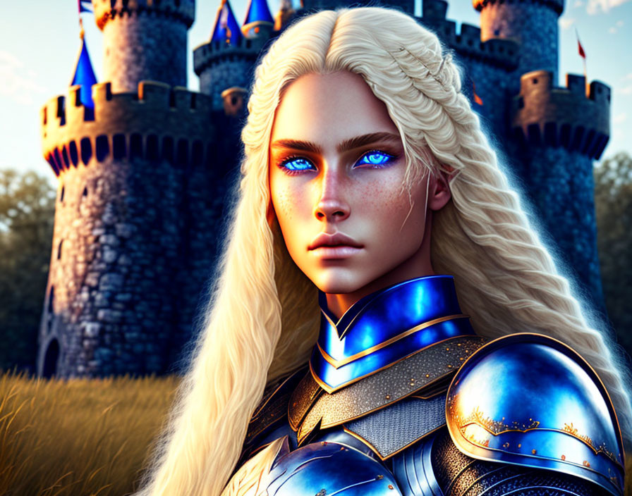 Digital artwork: Woman with white hair, blue eyes, in medieval armor, with castle.