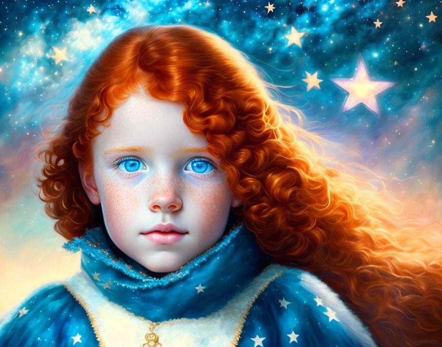 Child with Bright Blue Eyes and Red Hair in Cosmic Artwork