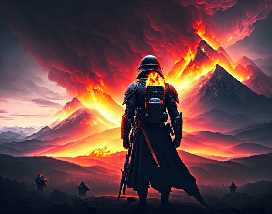 Armored warrior gazes at erupting volcanic landscape with comrades approaching