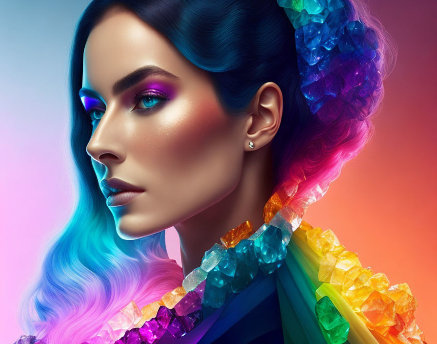 Woman with Vibrant Makeup, Blue Hair & Colorful Crystal Adornments