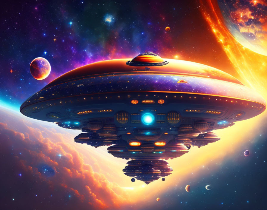 Colorful Sci-Fi Scene: Large UFO in Space with Planets and Star