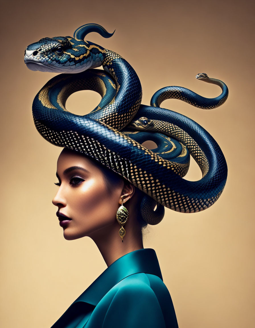 Woman with snake on head exudes elegance and danger