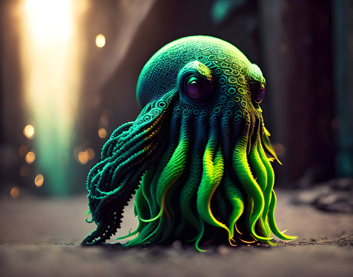 Colorful 3D-rendered octopus with intricate textures in warm light