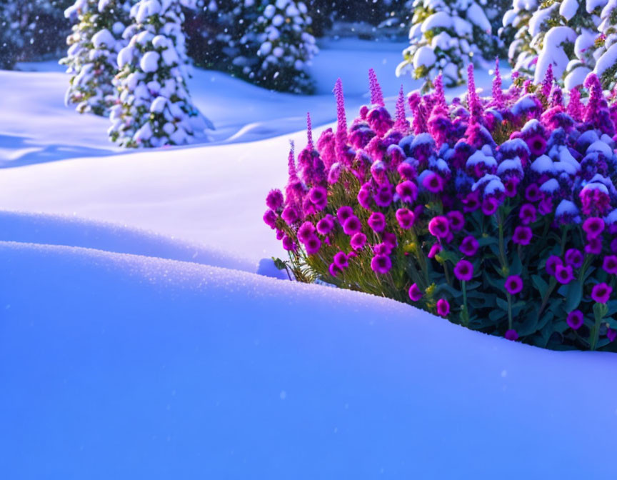 Snow-Covered Landscape with Vibrant Purple Flowers