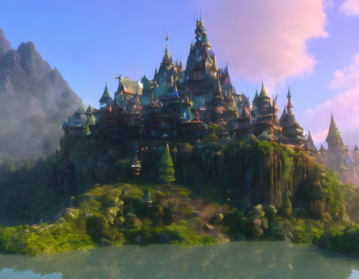 Majestic fantasy castle on lush hill with waterfalls at sunrise or sunset