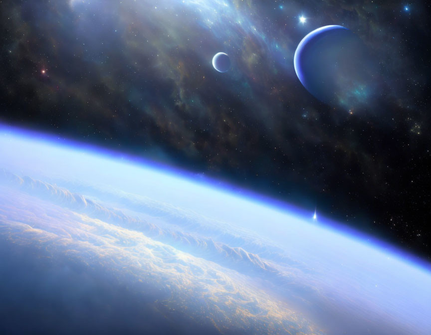 Earth's Curved Horizon and Celestial Bodies in Space