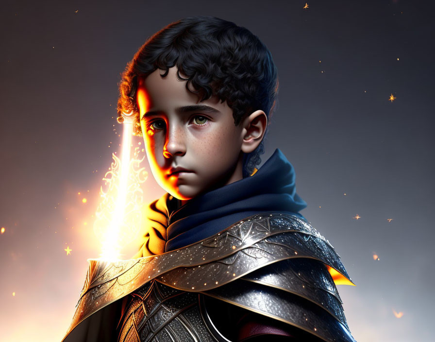 Medieval armor-clad boy with glowing sword in digital art