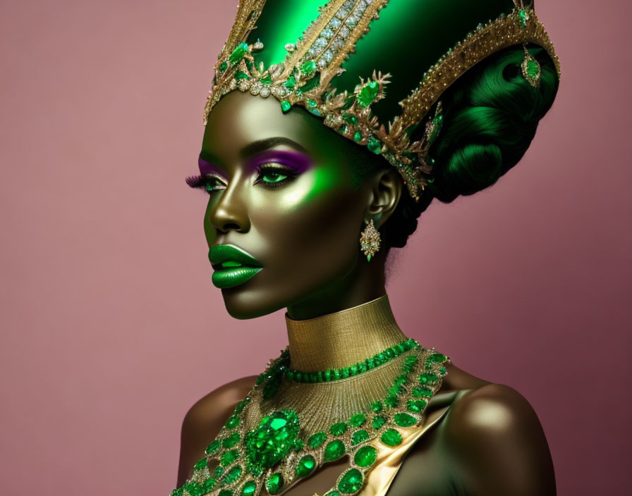 Woman portrait with green makeup, jewels, and ornate headpiece on pink background