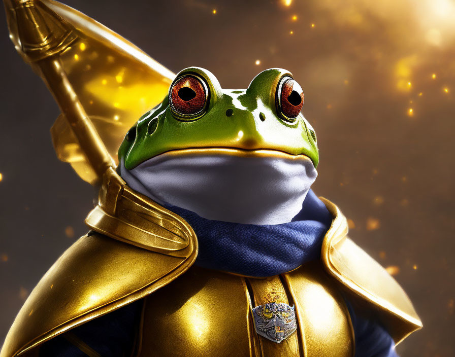 Golden-armored frog knight with sword on shiny background