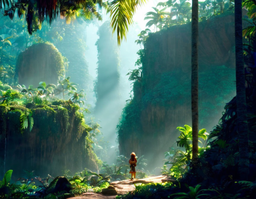 Solitary figure in misty jungle with towering cliffs and soft sunlight.