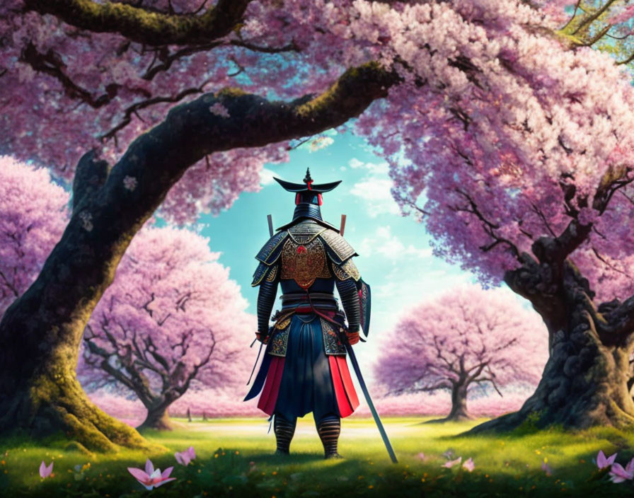 Traditional samurai warrior under cherry blossoms in armor.