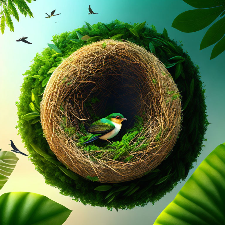 Spherical conceptual artwork of bird in nest surrounded by green foliage