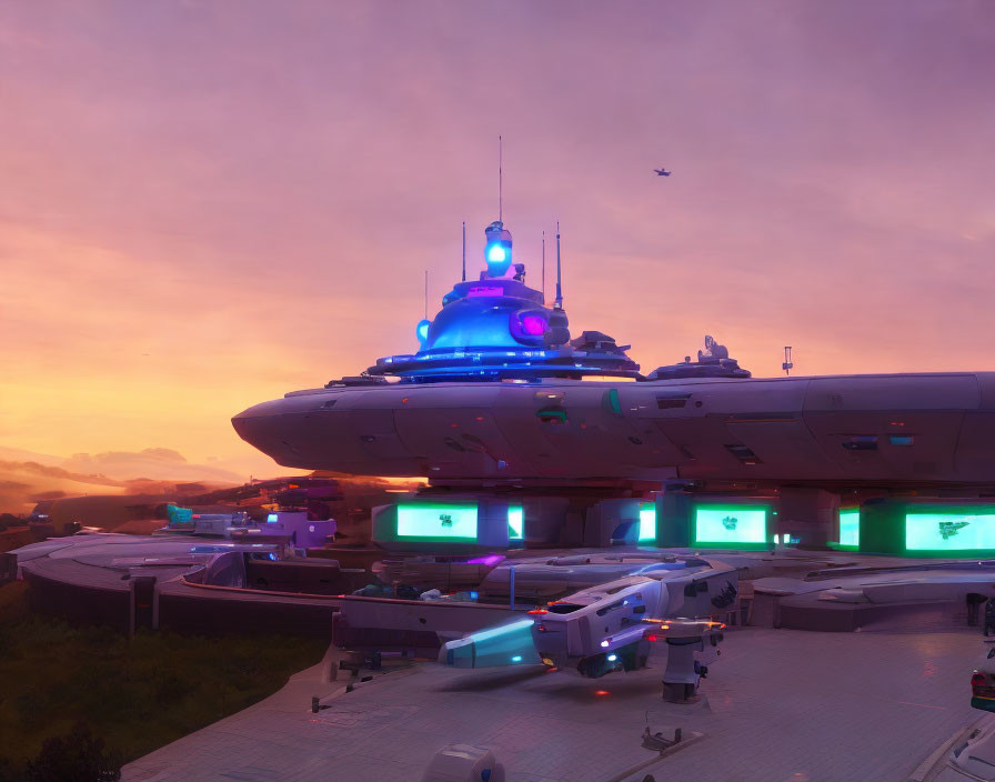 Futuristic cityscape at sunset with central blue-lit structure and flying vehicles