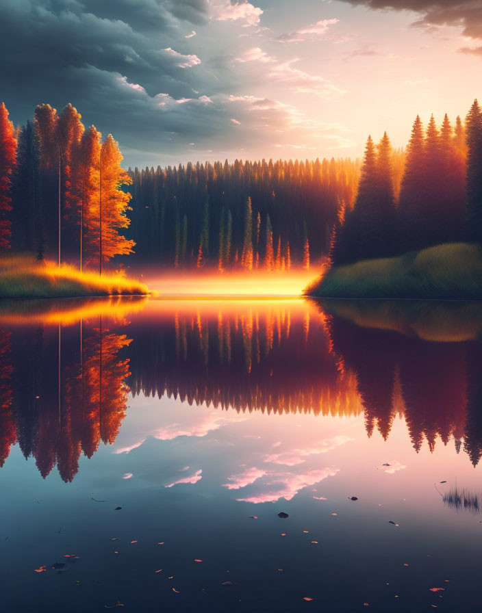 Tranquil lake reflecting sunset-colored forest glow