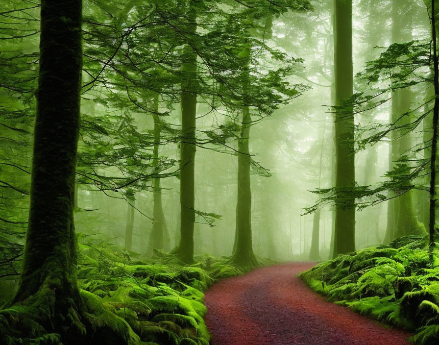 Green forest with moss carpet and winding path under sunlight.