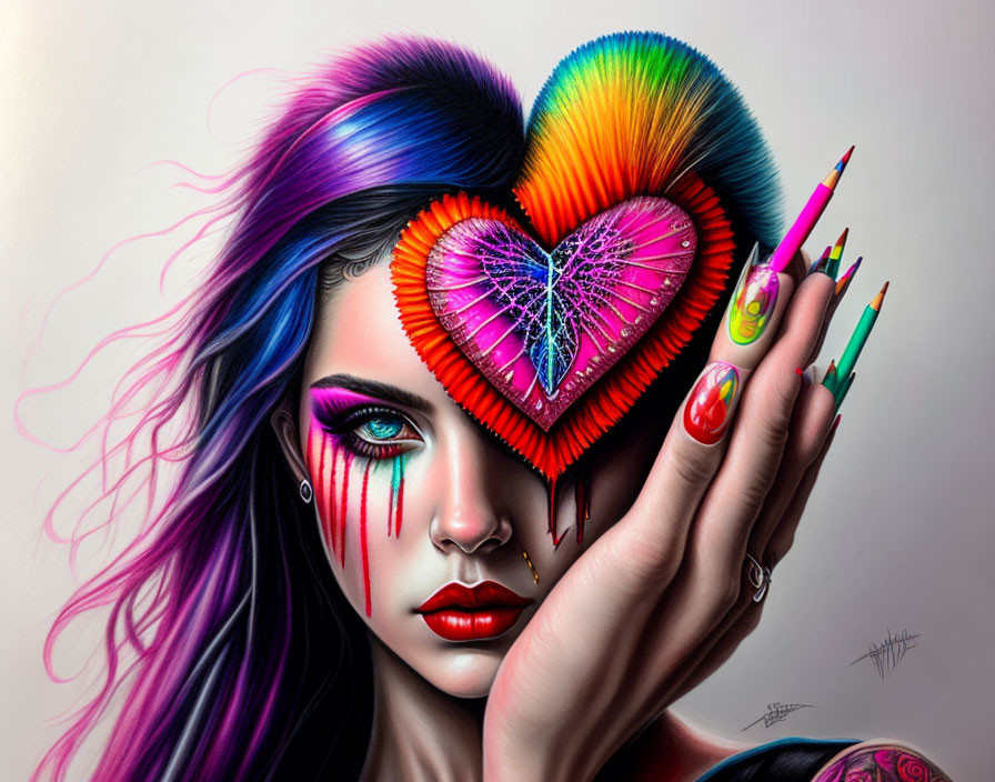 Vibrant rainbow hair and makeup woman holding heart-shaped object