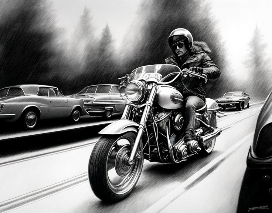 Monochrome illustration of person on classic motorcycle with vintage cars