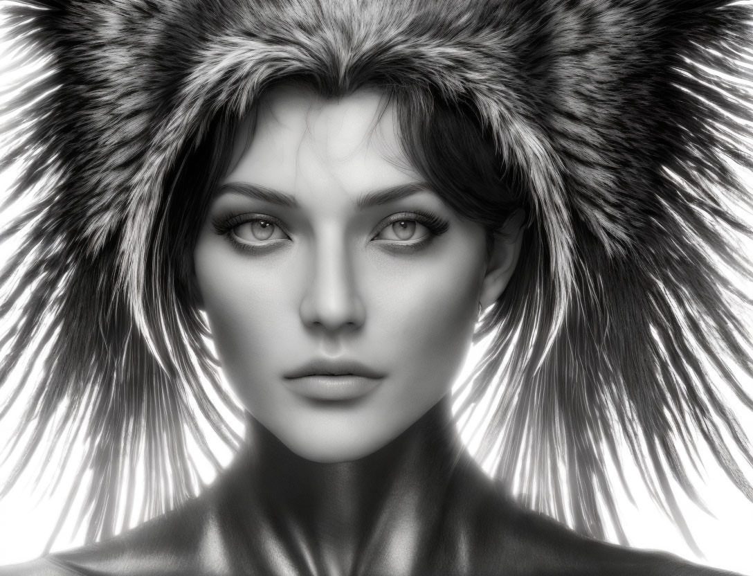 Monochrome portrait of woman in fur hood with striking eyes