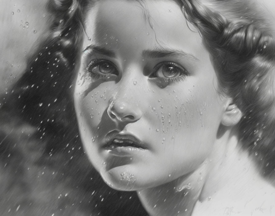 Detailed greyscale portrait of young woman with water droplets, evoking rain or moisture.