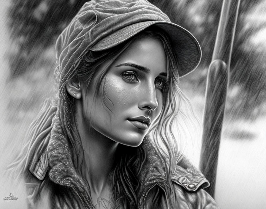 Monochrome portrait of woman in hat and jacket with raindrops on face