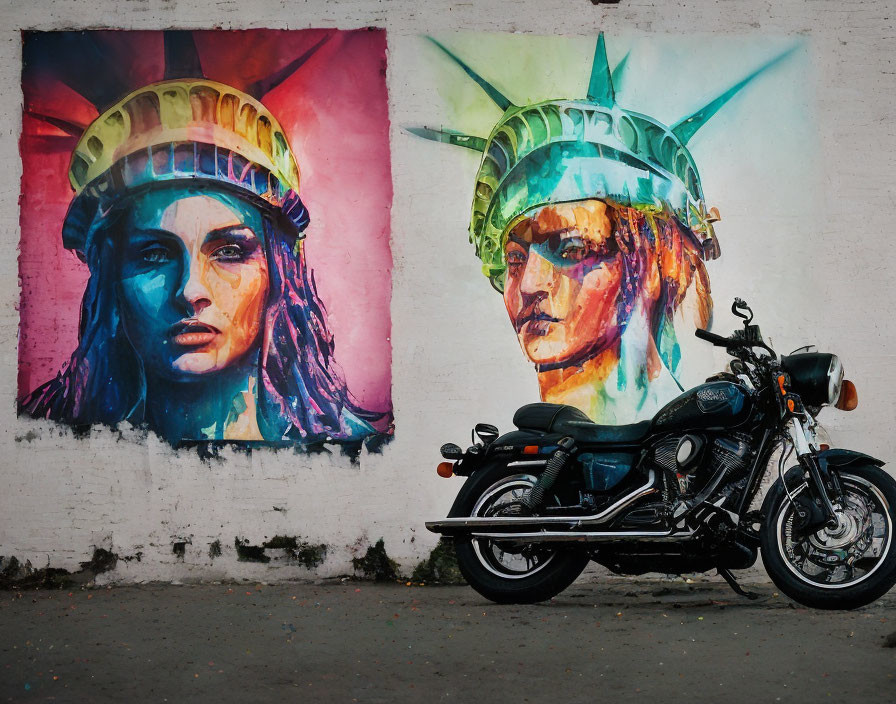 Motorcycle parked by vibrant Statue of Liberty graffiti murals