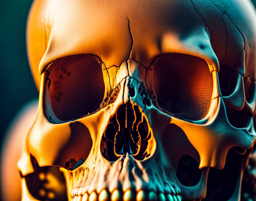 Detailed close-up of cracked human skull with dramatic lighting