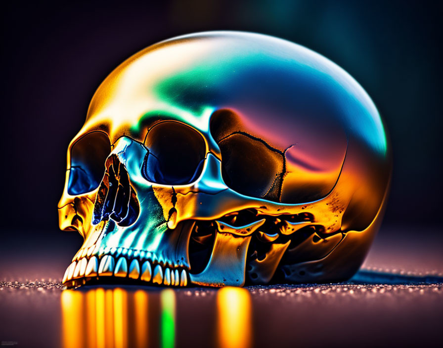 Colorful Skull with Reflective Surface on Blurred Background in Blue, Green, and Gold