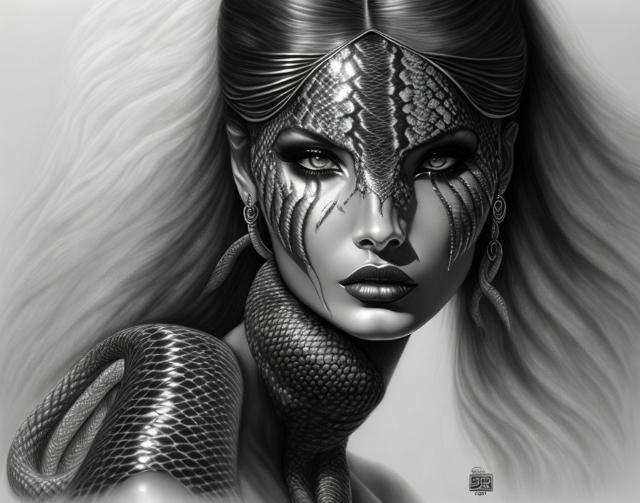 Monochromatic artwork of woman with serpentine features