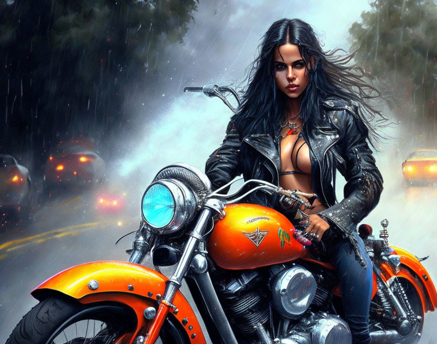 Woman in leather outfit on motorcycle with rain and blurred lights.