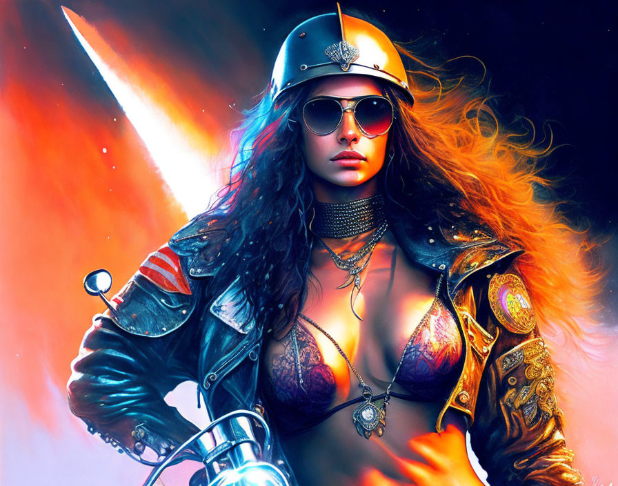 Stylized female figure in helmet and sunglasses with fiery explosion background