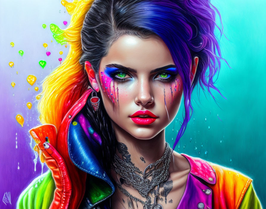 Colorful digital portrait of a woman with blue and purple hair and bright makeup.