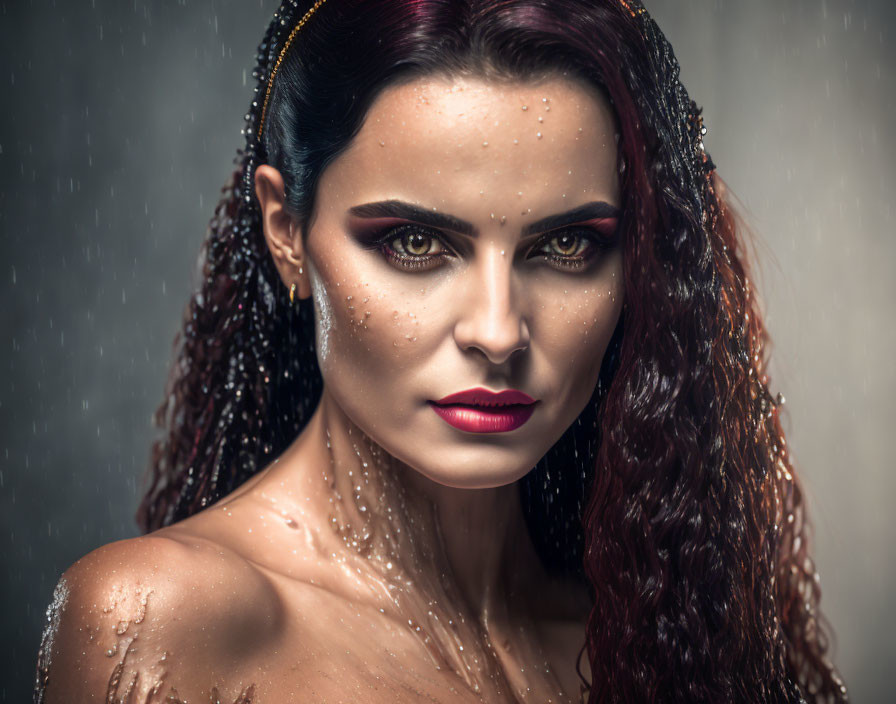 Striking makeup woman with wet hair and water droplets on skin against dark background