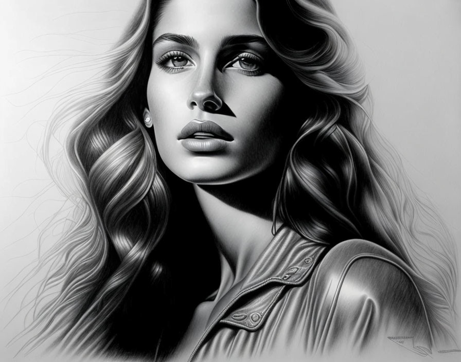 Detailed black and white sketch of a woman with wavy hair and jacket stitching.