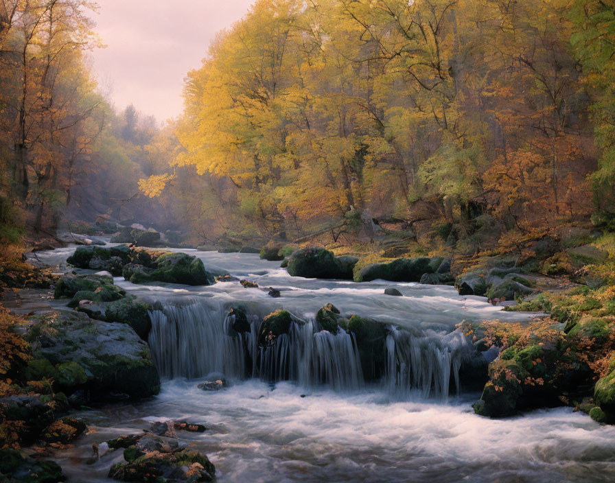 Tranquil river flows through colorful autumn forest