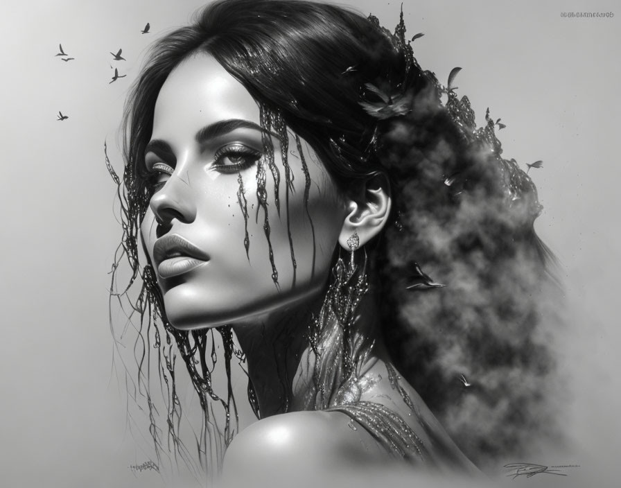 Monochrome artistic portrait of a woman with bird and smoky elements