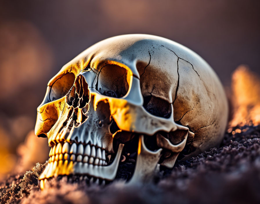 Weathered human skull on gritty soil under warm dramatic light