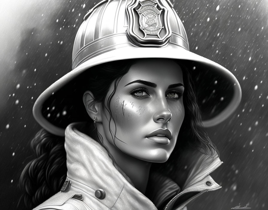 Monochrome illustration: Woman in firefighter helmet with falling snowflakes