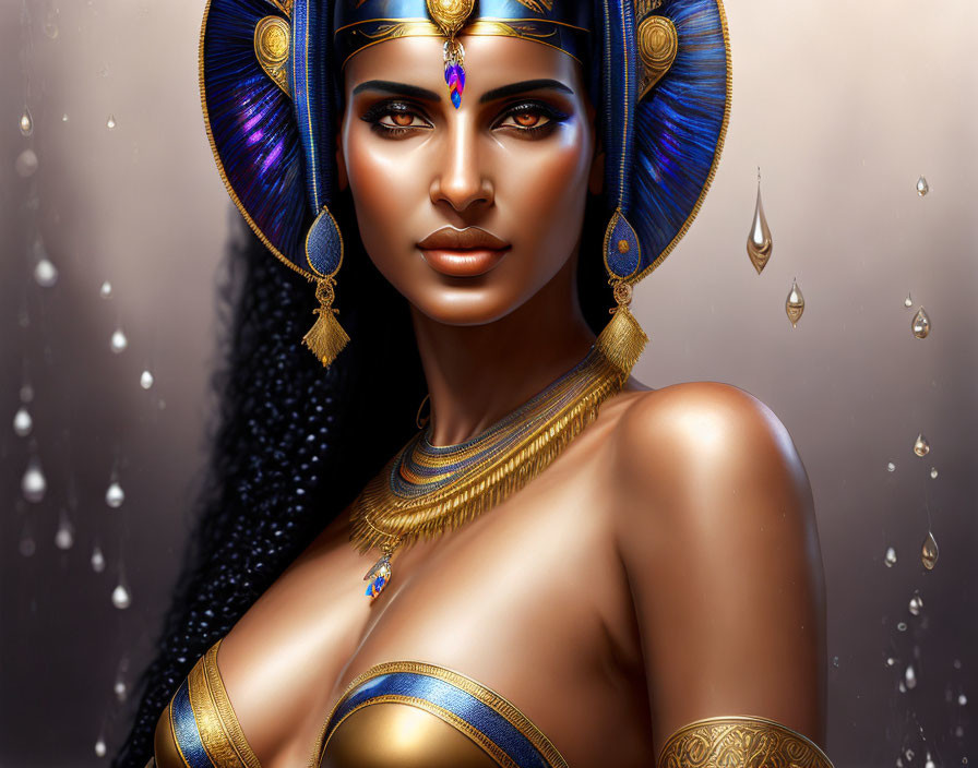 Ancient Egyptian-themed woman with gold jewelry on shimmering backdrop