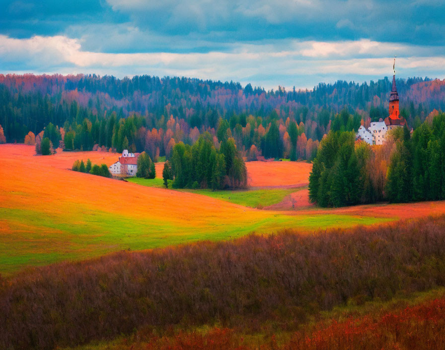 Colorful autumn landscape with rolling hills and white building