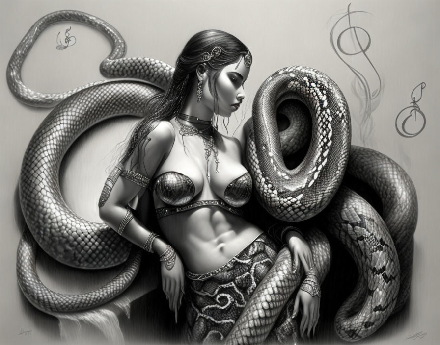 Monochromatic illustration of woman with jewelry, tattoo, and serpent symbolism