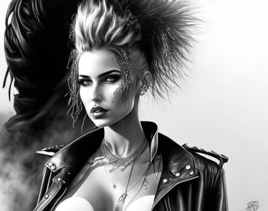 Monochrome punk rock woman with mohawk, piercings, and leather jacket.