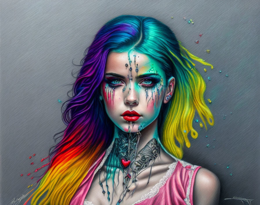 Digital Artwork: Woman with Rainbow Hair, Green Eyes, Tattoos, Teardrop Makeup